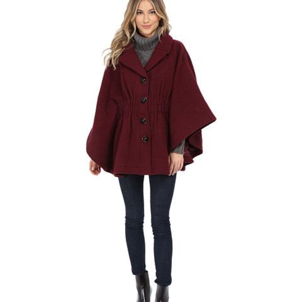 New Steve Madden Notch Collar Poncho Coat Merlot1X